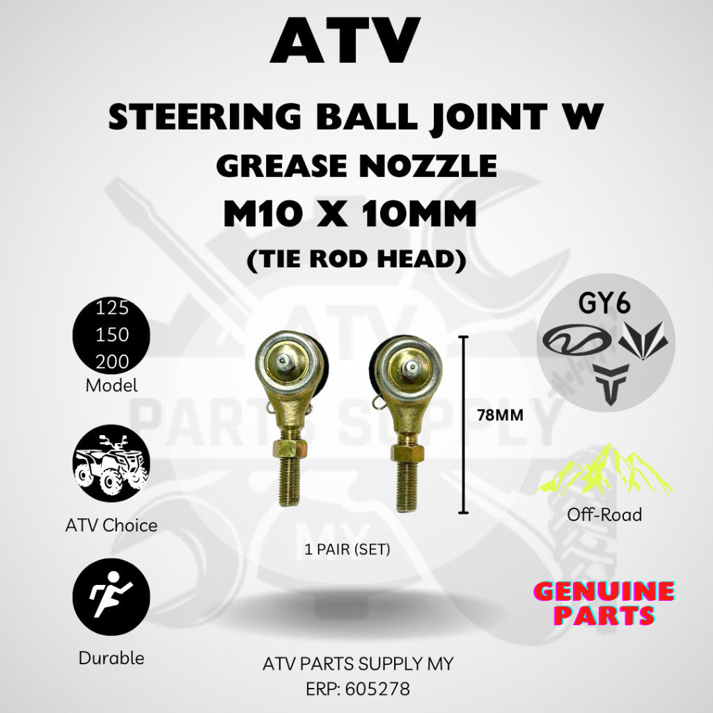 ATV M10 Steering Ball Joint With Grease Nozzle | Tie Rod Head | M10x10mm for GY6 | Mikilon | Linhai (2 PIECES \SET)