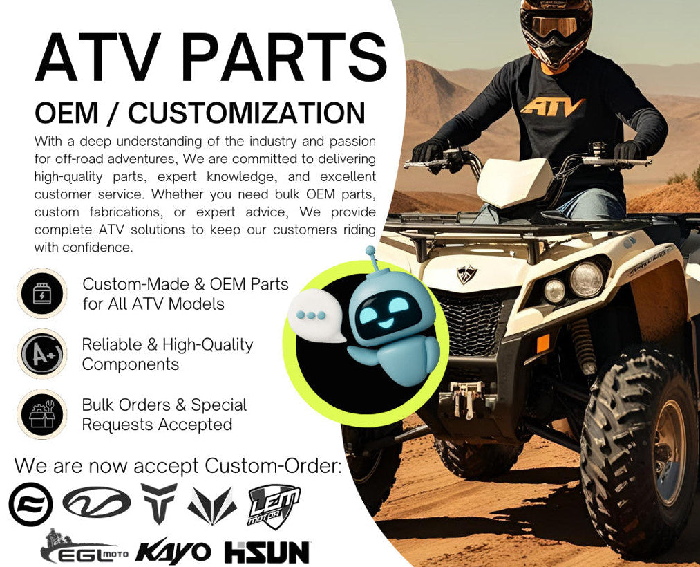 Person on an ATV with promotional text for ATV parts supply on a desert background