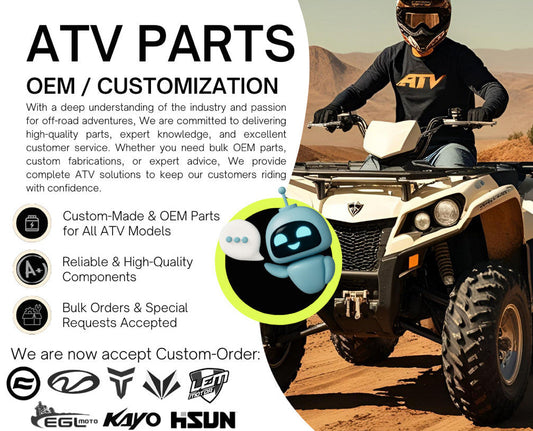 Person on an ATV with promotional text for ATV parts supply on a desert background