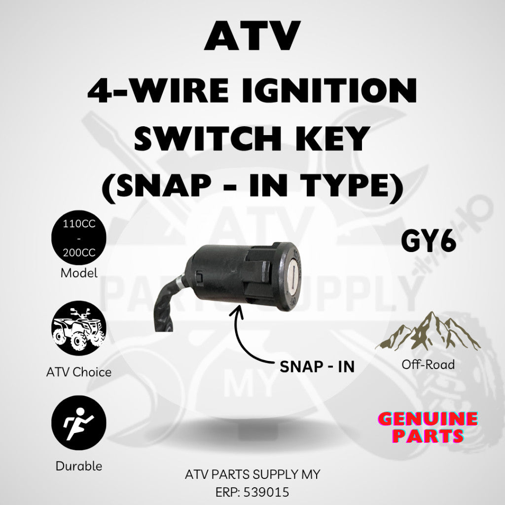 ATV 4-Wire Ignition Switch Key | Rubber Waterproof | Kunci | for all ATV 110CC | 150CC | 200CC |Snap-In Type |Key Switch