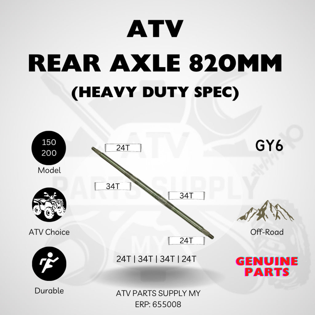 ATV GY6 Heavy Duty Rear Axle 820MM / 34T | Rear Brake Disc Holder | Sprocket Holder | Wheel Hub | Wheel Nut Set