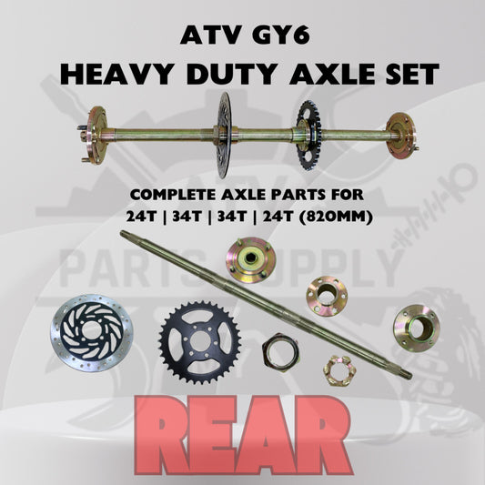 ATV GY6 Heavy Duty Rear Axle 820MM / 34T | Rear Brake Disc Holder | Sprocket Holder | Wheel Hub | Wheel Nut Set