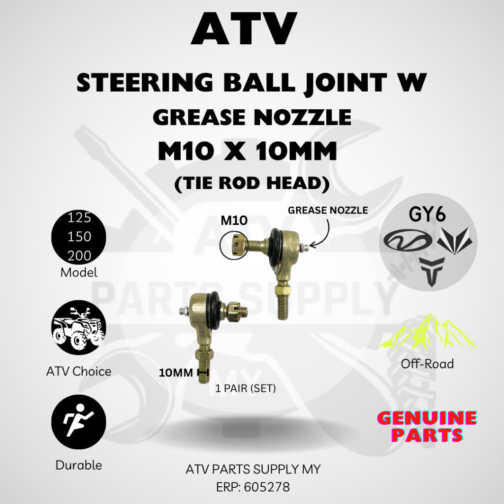 ATV M10 Steering Ball Joint With Grease Nozzle | Tie Rod Head | M10x10mm for GY6 | Mikilon | Linhai (2 PIECES \SET)