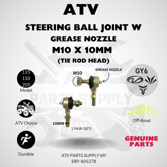 ATV M10 Steering Ball Joint With Grease Nozzle | Tie Rod Head | M10x10mm for GY6 | Mikilon | Linhai (2 PIECES \SET)